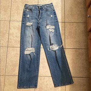 SO Women's Distressed Straight Leg Jeans - Blue